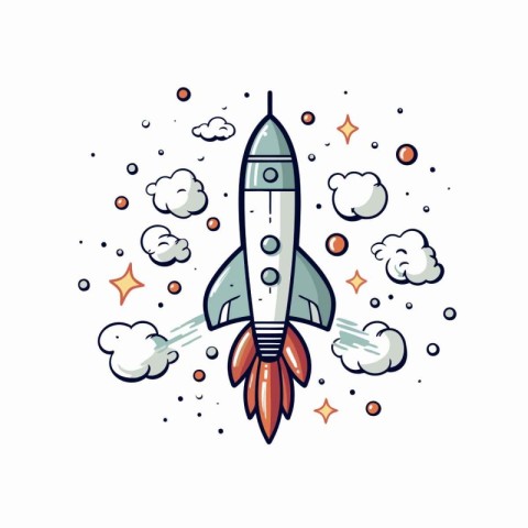 Cartoon rocket flying in the space. Vector illustration on a whi