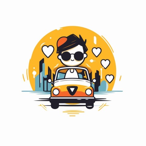 Cute hipster boy in sunglasses driving a car. Vector illustratio