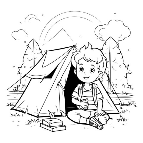 Boy with backpack and tent in the forest. black and white vector