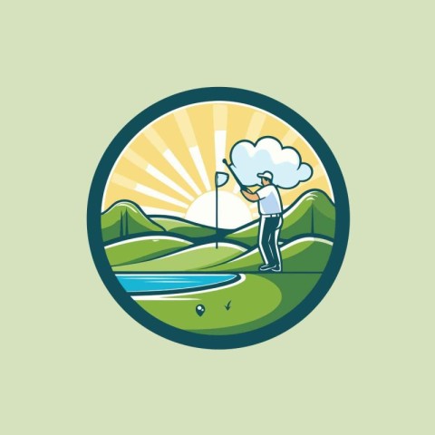 Vector illustration of a golfer playing golf on a golf course.