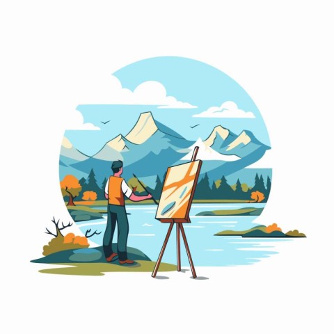 Man painting on canvas on lake. Vector illustration in flat styl