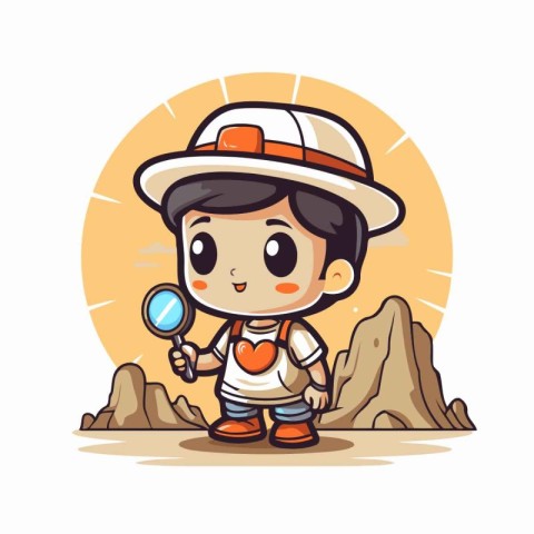 Cute boy holding magnifying glass and looking at rock. Vector il