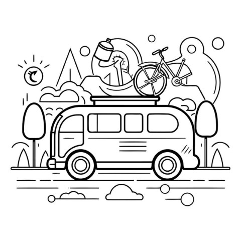 Outline vector illustration of a man riding a bicycle in a campe