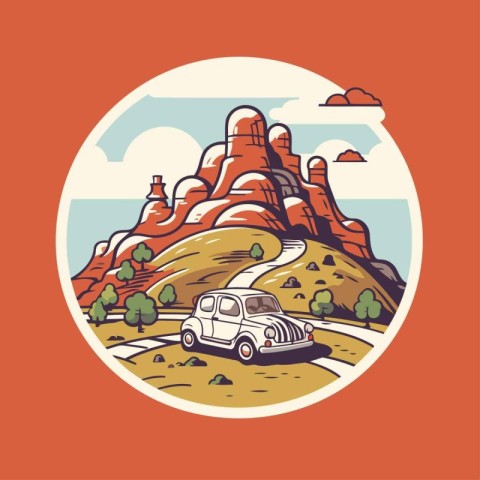 Car on the road in the mountains. Colorful vector illustration i