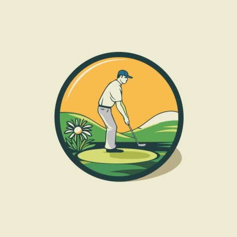 Golf club logo with golfer in golf course vector illustration.