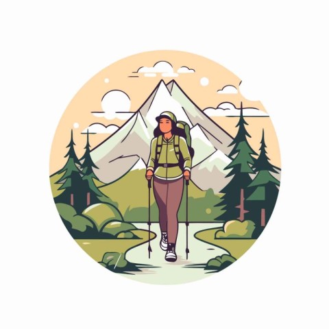 Hiking woman with backpack and trekking poles. Vector illustrati