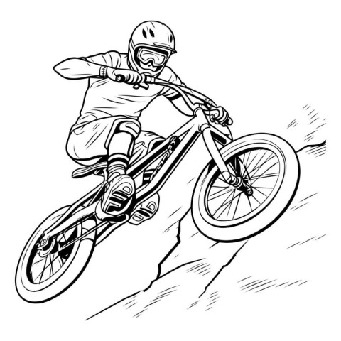 Racing biker on a mountain bike. Black and white vector illustra