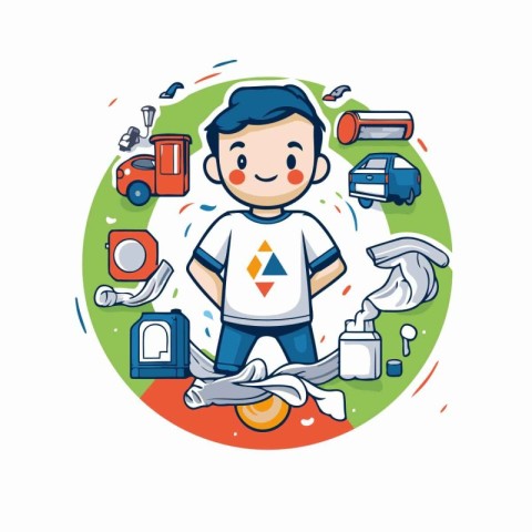 Cute boy with camping equipment cartoon vector illustration. Chi