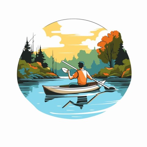 Man rowing a canoe on the lake. Vector illustration in retro sty