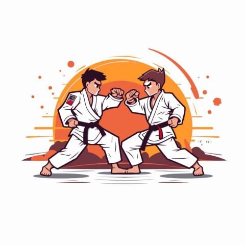 Taekwondo. Two men in kimono fighting. Vector illustration.