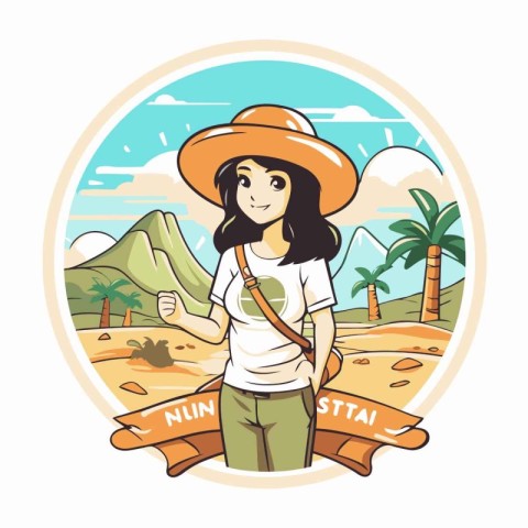 Tourist woman in safari hat. Vector illustration in cartoon styl