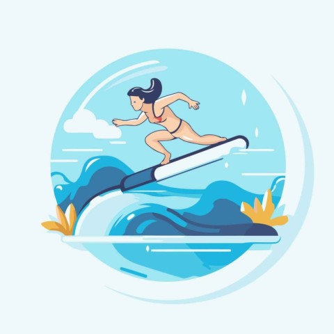 Vector illustration of a girl on a surfboard in the sea.