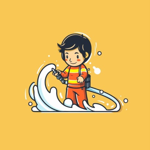 Vector cartoon illustration of boy surfing on wave. Isolated on