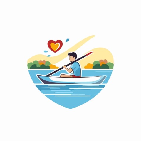 Man rowing on a boat in the river. Flat vector illustration.