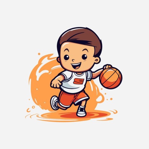 Cartoon boy playing basketball. Vector illustration on a white b