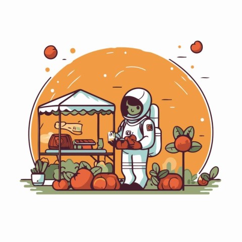 Astronaut selling fruits and vegetables at the market. Vector il