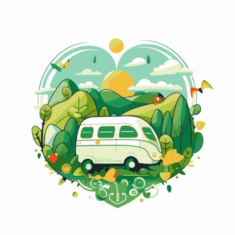 Vector illustration of a camper van in the forest. surrounded by