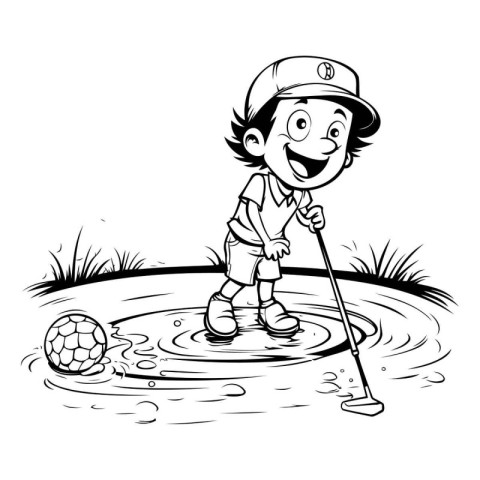 Black and White Cartoon Illustration of Kid Playing Golf on Golf