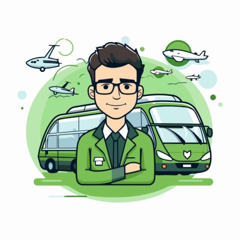 Vector illustration of a man in a green jacket and glasses stand