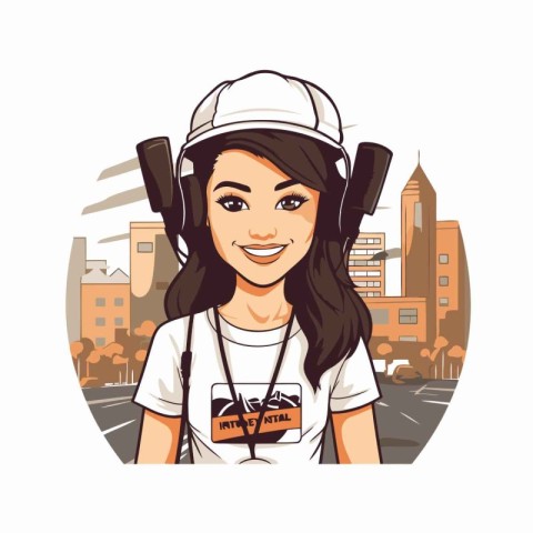 Girl tourist in helmet and white t-shirt. Vector illustration.