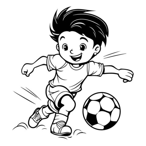 Boy playing soccer - black and white vector illustration for col