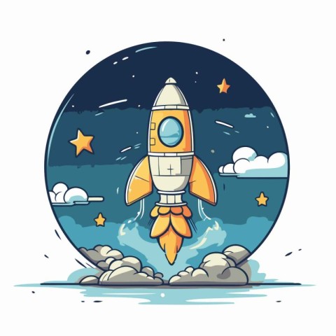 Cartoon rocket on the background of the moon. Vector illustratio