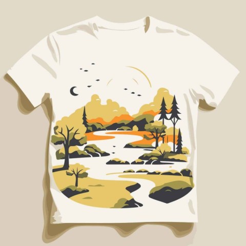 T-shirt design with forest. river and moon. Vector illustration