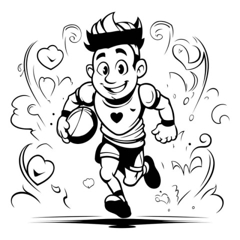 Cartoon Illustration of a Rugby Player Running with a Rugby Ball