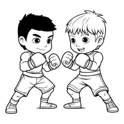 Two kids boxing - black and white vector illustration for colori