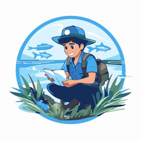 Fisherman sitting on the grass and reading a book. Vector illust