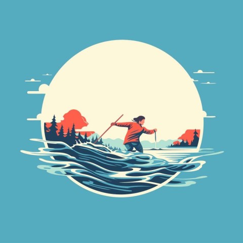 Fisherman on the river. Vector illustration in flat style.