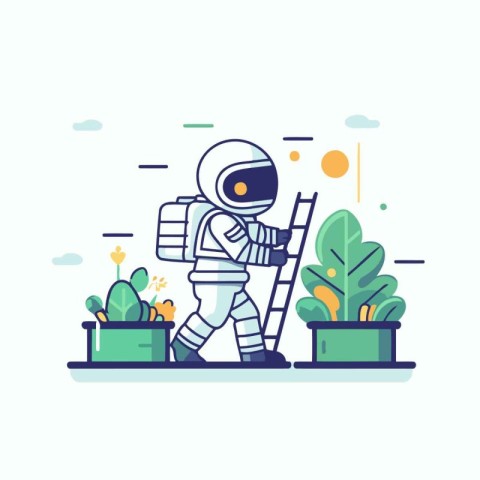 Astronaut with ladder and plants. Flat style vector illustration