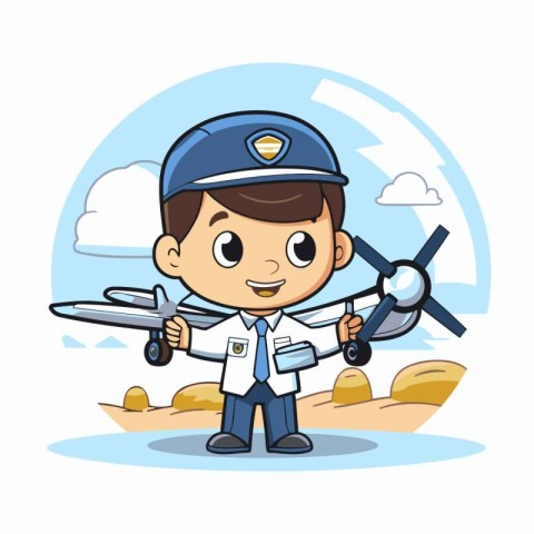 Cute boy pilot with airplane on sky background. Vector illustrat