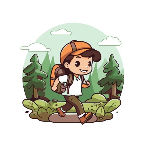 Cute boy with backpack hiking in the forest cartoon vector illus