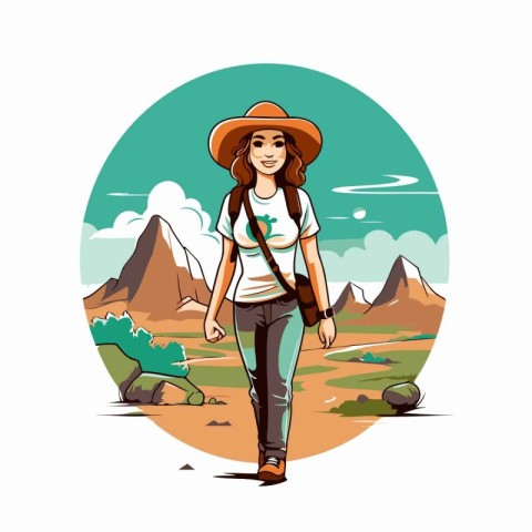 Traveler girl with backpack and hat walking in mountains. Vector