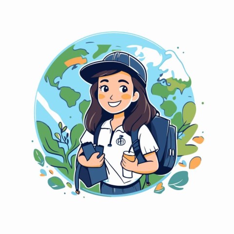 Cute girl tourist with backpack and map. Vector illustration in