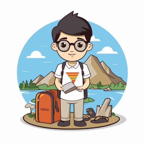 Hipster boy with backpack and book in the nature vector illustra