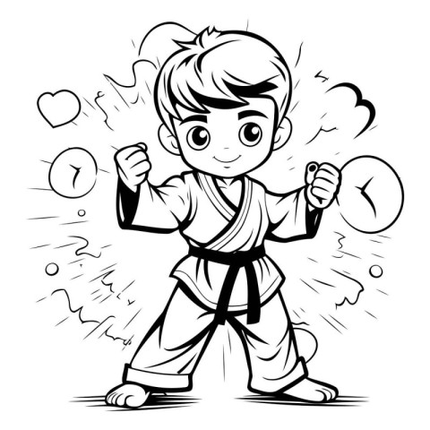 karate boy - black and white vector illustration for coloring bo