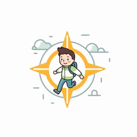 Boy with backpack running around the compass. Vector illustratio