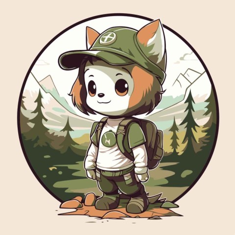 Hiking boy in the forest. Cute cartoon character. Vector illustr