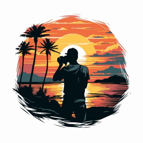 Photographer taking picture on sunset beach. silhouette vector i