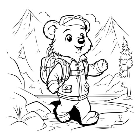 Black and White Cartoon Illustration of Bear Hiking for Coloring