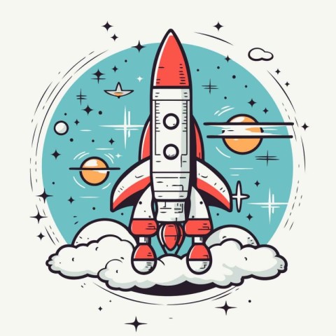 Space rocket. Vector illustration in flat linear style. Isolated