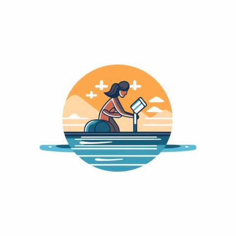 Woman rowing boat on the lake. Flat style vector illustration.