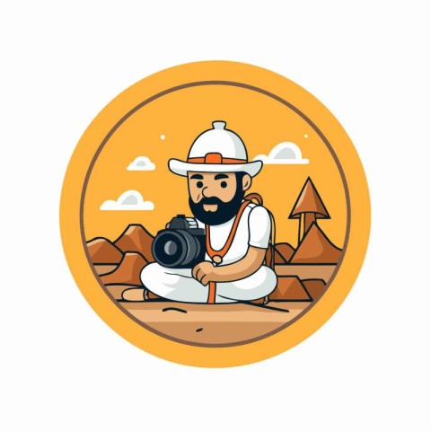 Hipster man with a camera in the desert. Vector illustration