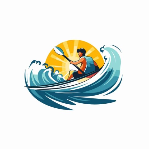 Man in a kayak on the wave. Vector illustration on white backgro