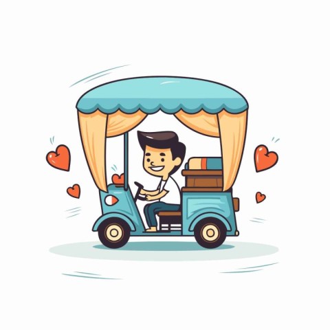 Cartoon man driving a tuk tuk. Vector illustration.