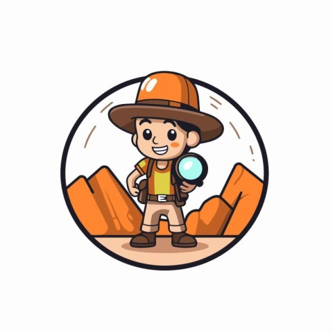 Cartoon explorer with a magnifying glass. Vector illustration on