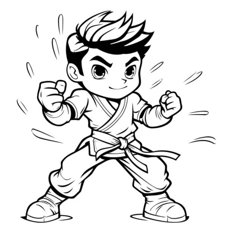 Kung fu boy - Black and White Cartoon Illustration. Vector