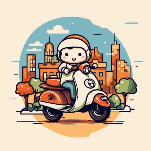 Cute boy riding scooter in the city. Vector illustration.